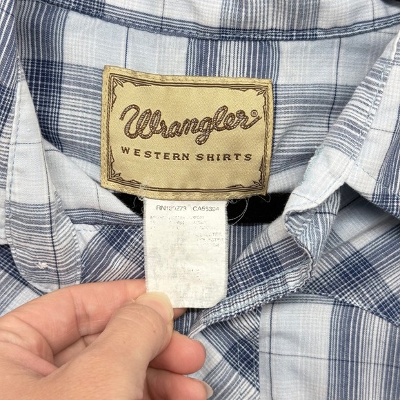 Wrangler Western Shirts Mens Plaid Short Sleeve‎ Pearl Snap Button Shirt Blue - Picture 2 of 6